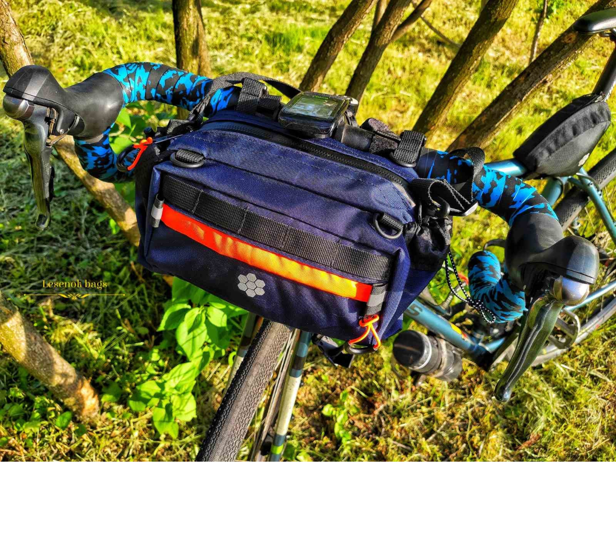 Front Bike Bag "NAUTILUS" (dark blue + orange) Bicycle gifts Handlebar Bag- Bikepacking-packing trips Bike bag for commuting.