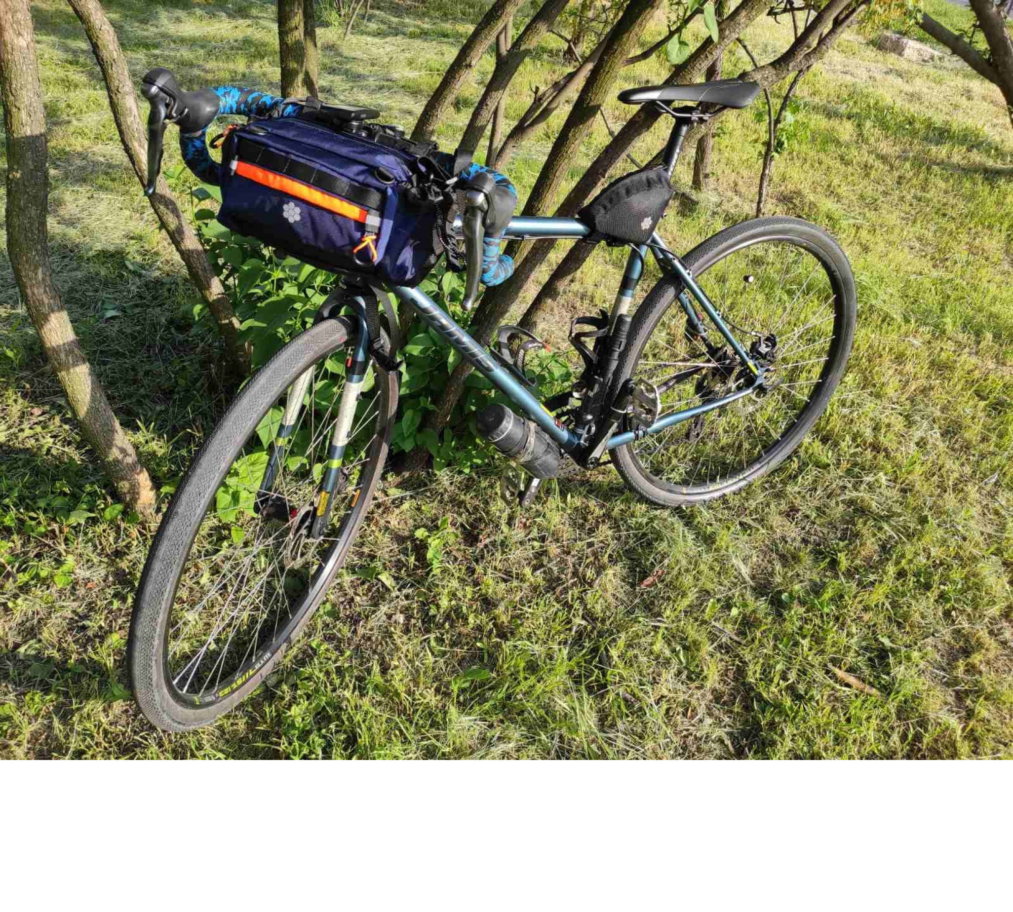 Front Bike Bag "NAUTILUS" (dark blue + orange) Bicycle gifts Handlebar Bag- Bikepacking-packing trips Bike bag for commuting.
