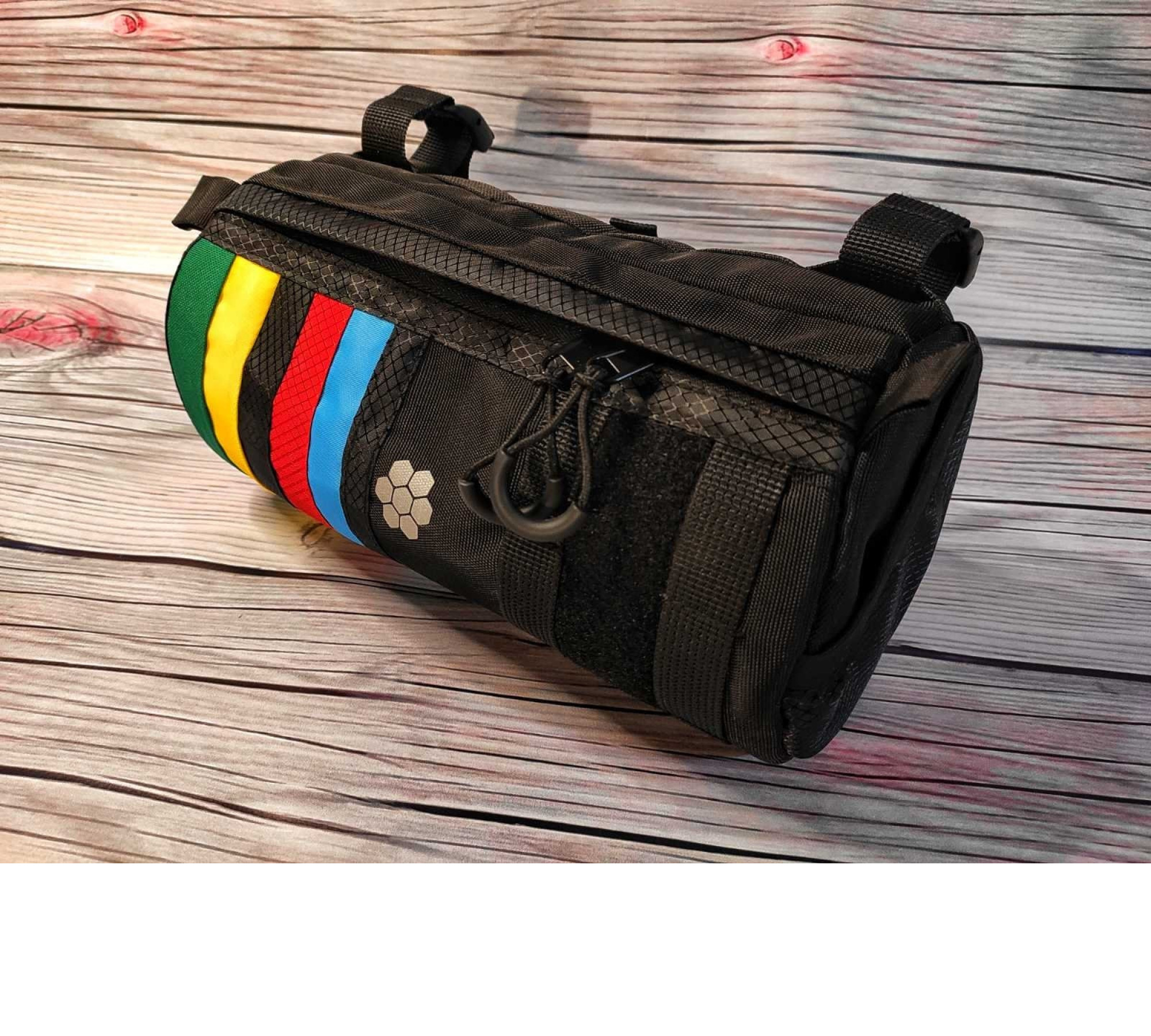 Handlebar Bike Bag Rainbow. Cycling gifts! Great bike accessories. Bikepacking gear for gravel ride.