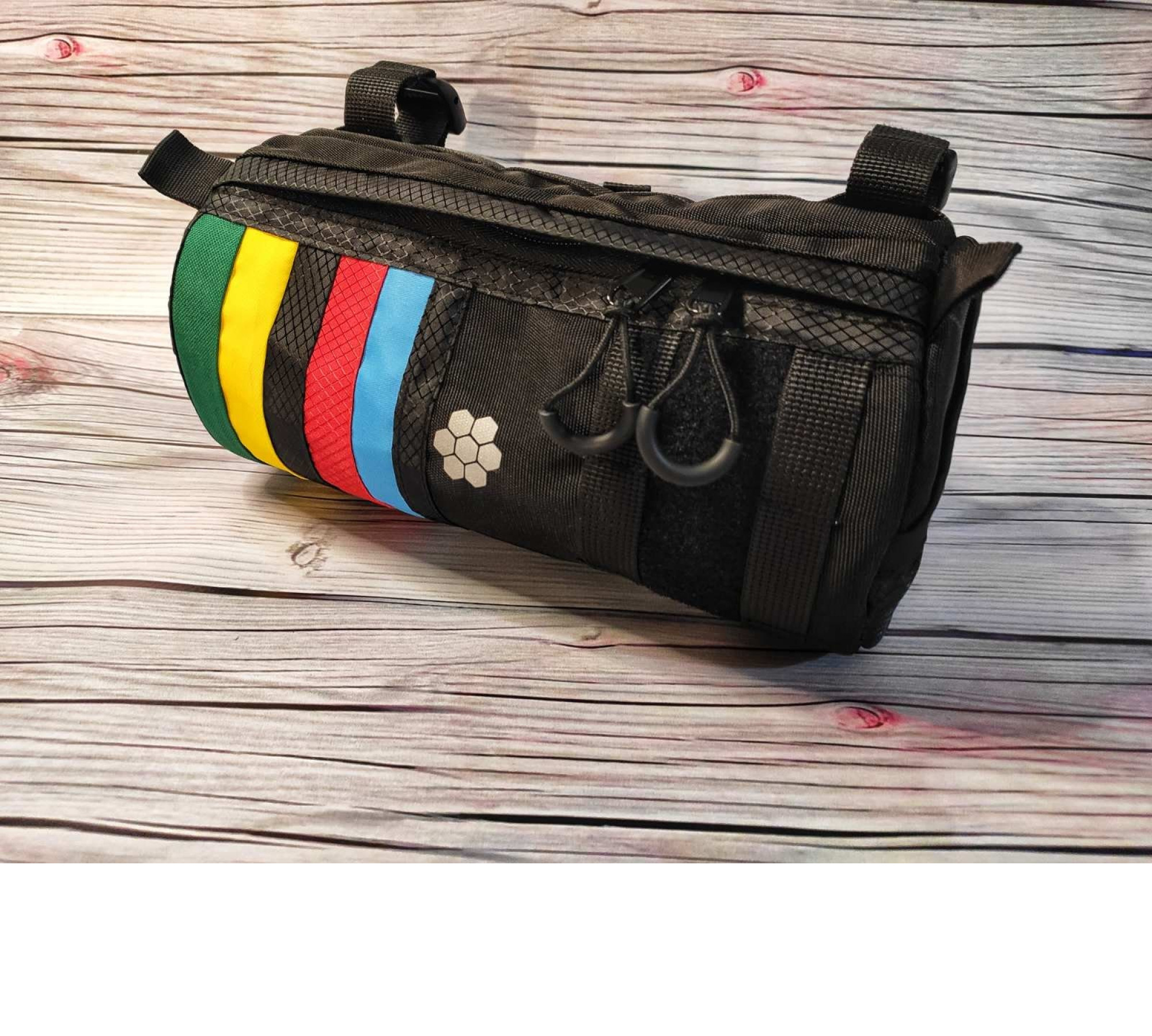 Handlebar Bike Bag Rainbow. Cycling gifts! Great bike accessories. Bikepacking gear for gravel ride.