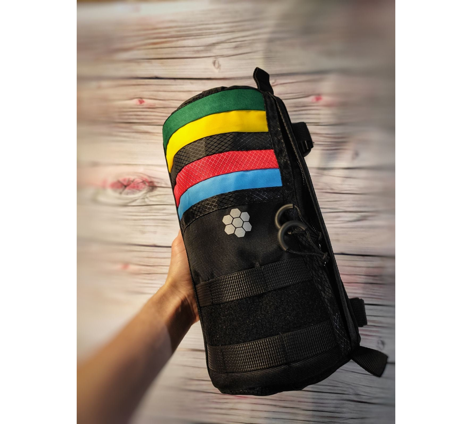Handlebar Bike Bag Rainbow. Cycling gifts! Great bike accessories. Bikepacking gear for gravel ride.