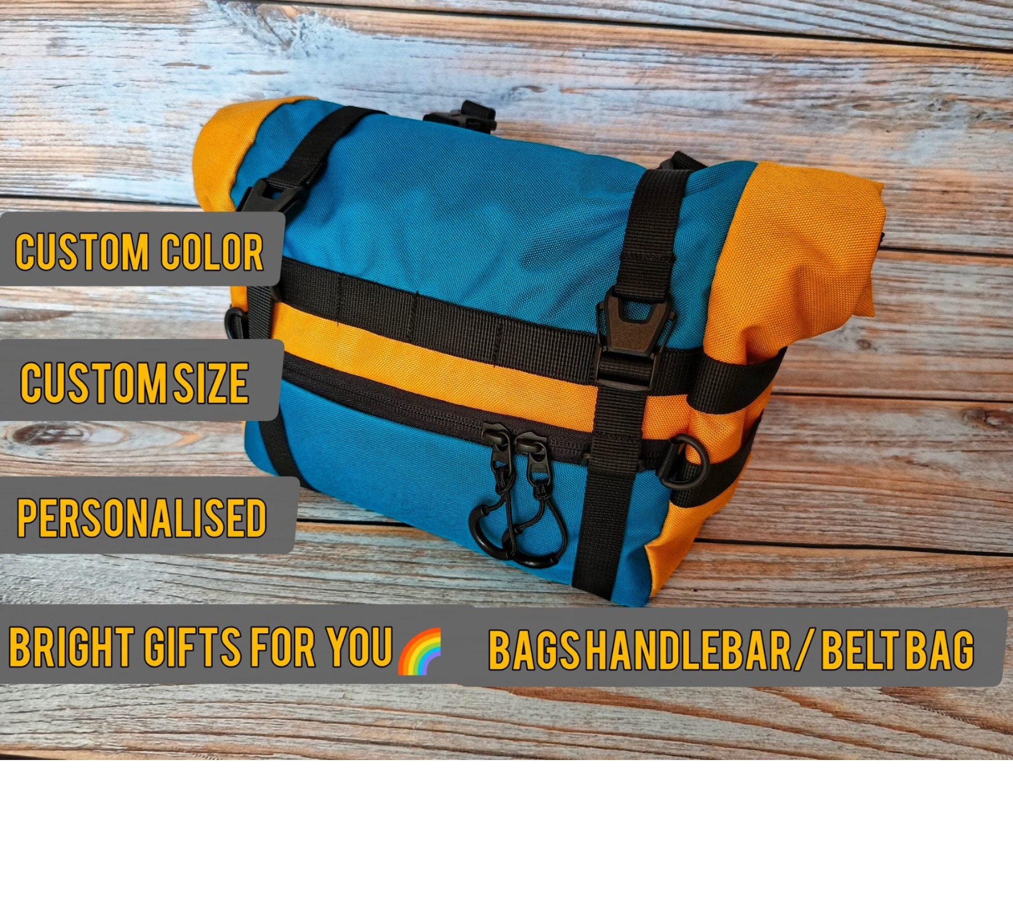 Handlebar Bag|Waist Bag roll-top cistom bag for ride trip| Rainbow bright belt bag|Feeder bag