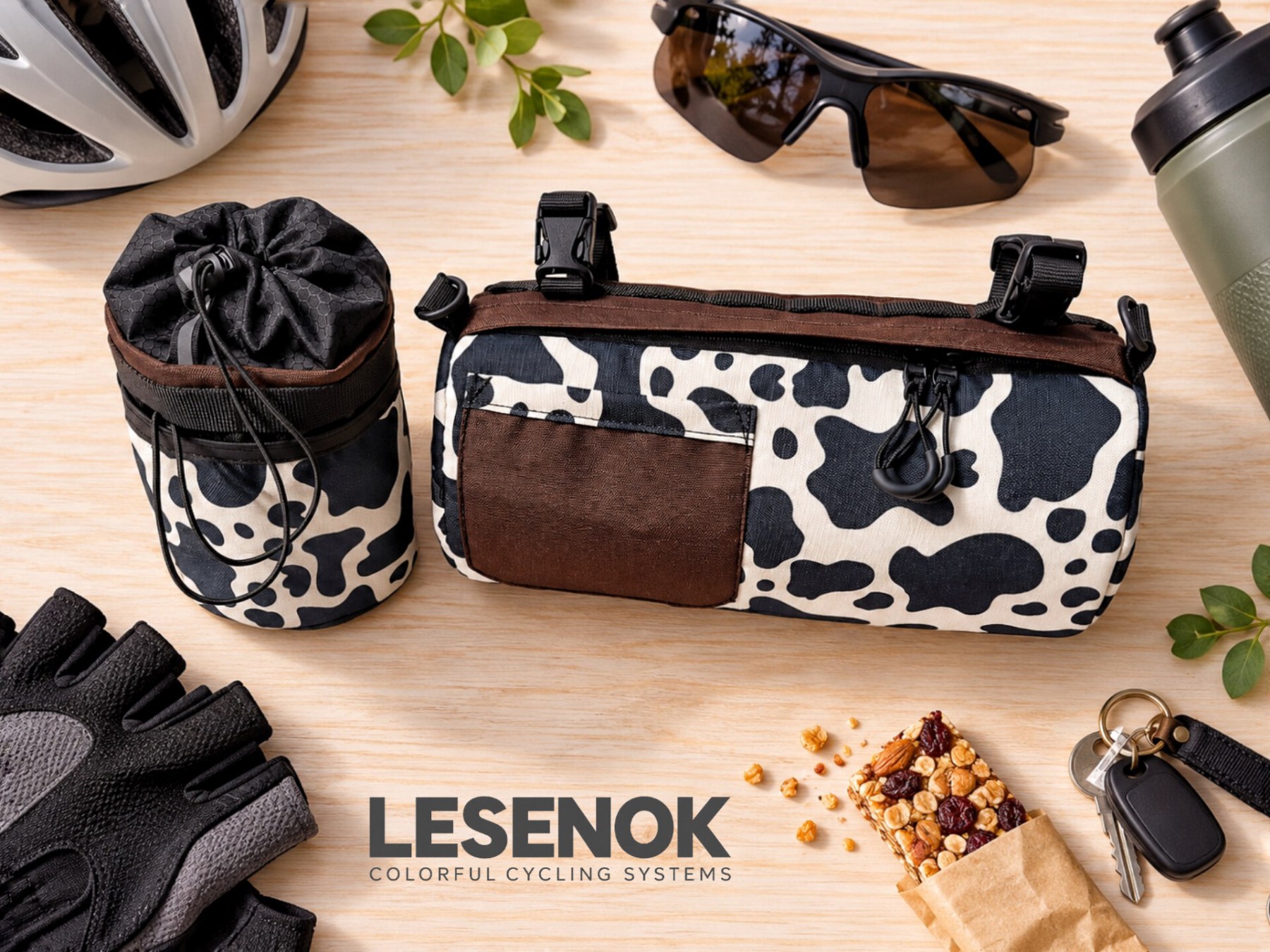 LESENOK feeder bag and handlebar bag in a cow print with cycling gear