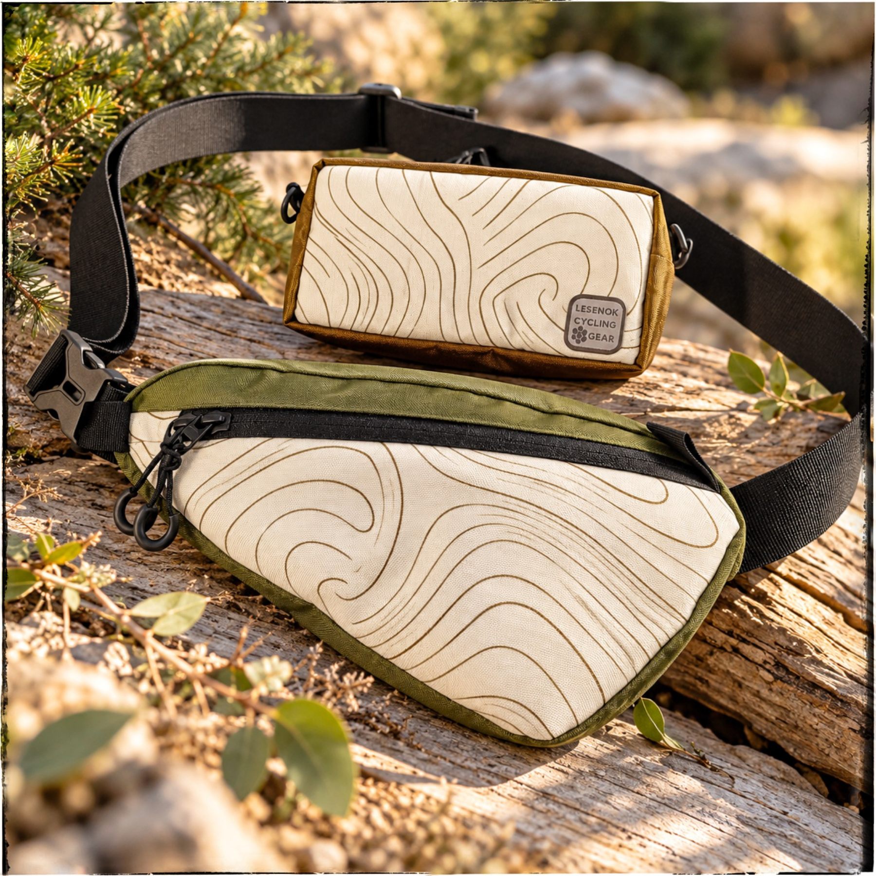 LESENOK waist bag and frame bag with a topographic print